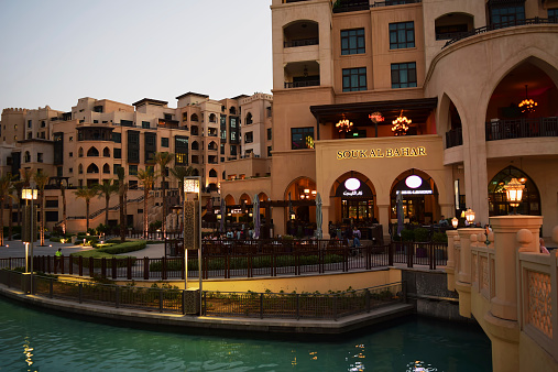Dubai, United Arab Emirates - October 01, 2014: Souk Al Bahar is an Arabesque shopping mall and entertainment destination located in the heart of the prestigious Downtown Dubai.