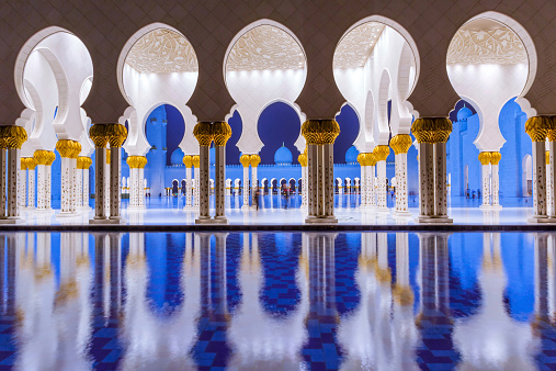 Abu Dhabi, United Arab Emirates - March 27, 2014: Columns of Sheikh Zayed Grand Mosque in Abu Dhabi, capital city of United Arab Emirates.