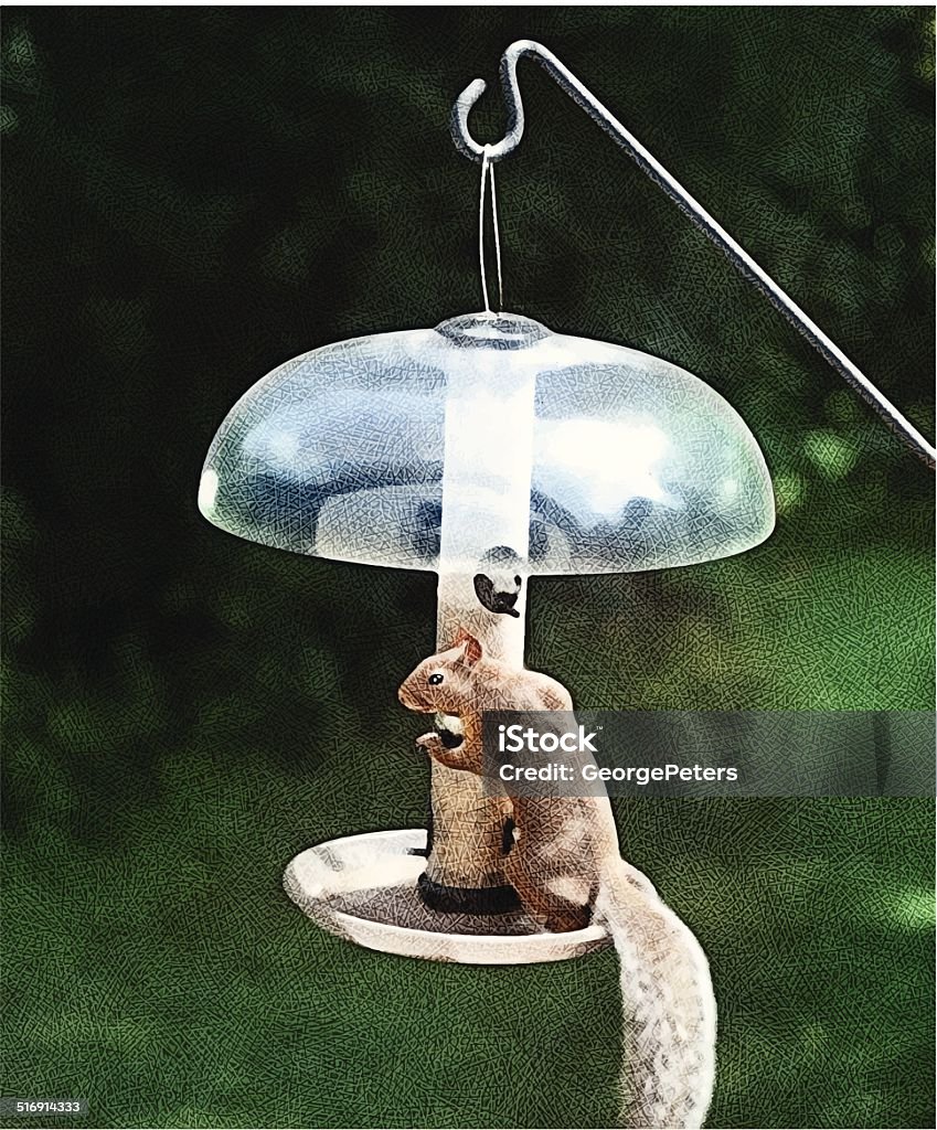 Squirrel and Bird Feeder Etching illustration of a squirrel and a bird feeder. Irritation stock vector