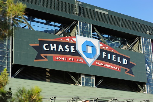 Phoenix, Arizona, USA - May 24, 2013: Close up of sign on Chase Field, Home of the Diamondbacks.  Sign located on north side of Diamondbacks baseball stadium in downtown Phoenix, Arizona.