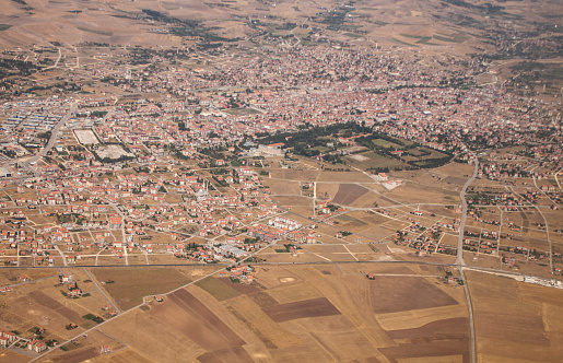 Aerial view of İstanbul village and fields from the top appear small houses landscape