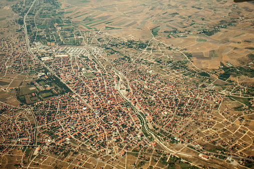 Aerial view of İstanbul village and fields from the top appear small houses landscape