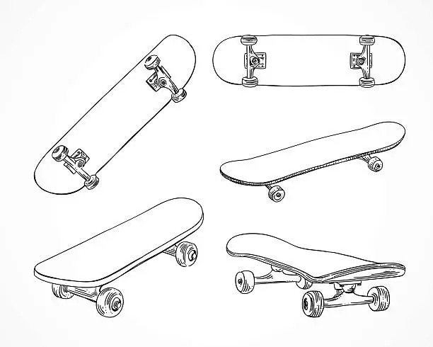 Vector illustration of Skateboard vector illustrations. Skating equipment. Outline skateboard extreme sport