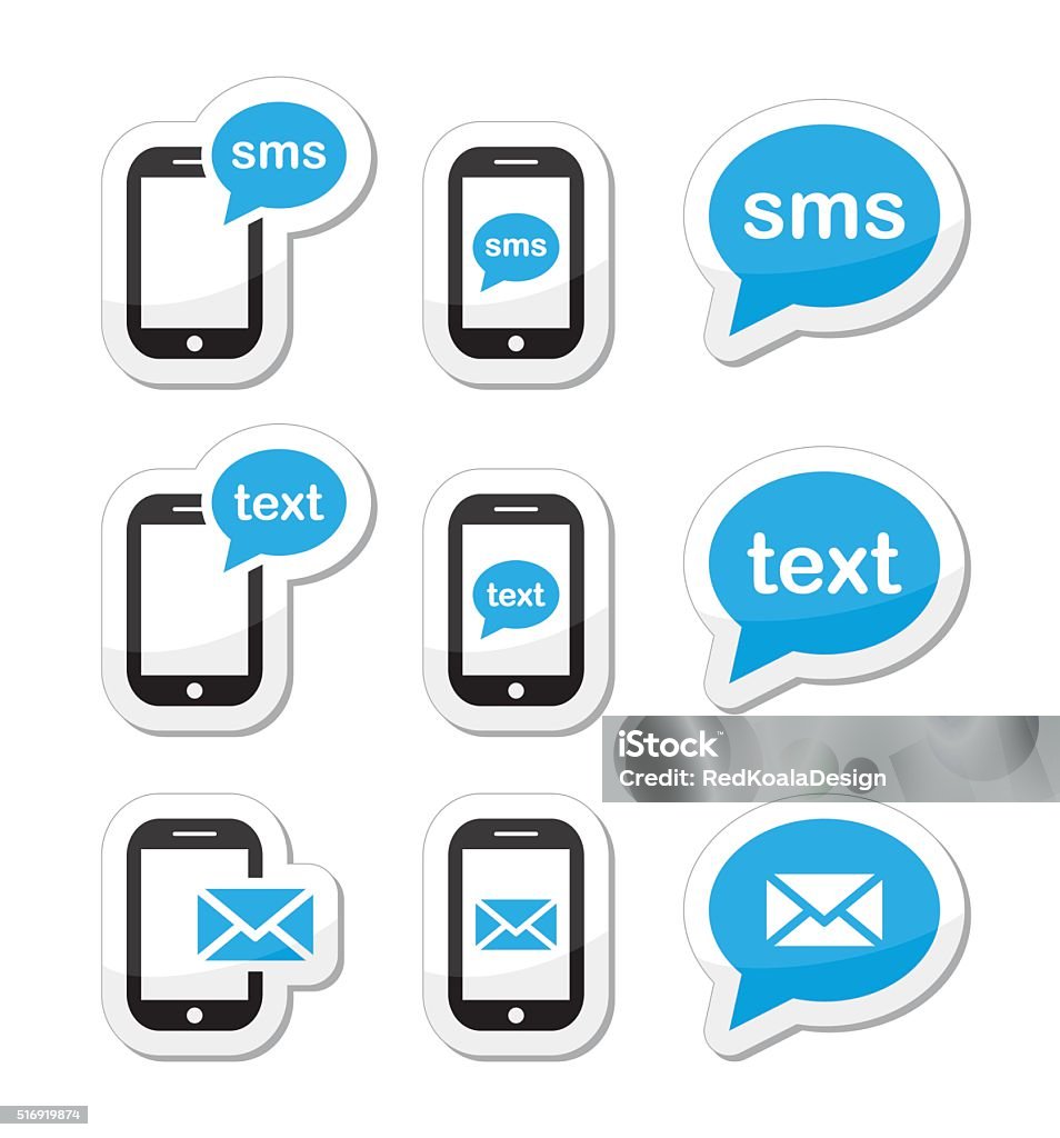 Mobile SMS text message mail icons set Messaging, sending text messages black and blue labels set  Photo Messaging stock vector