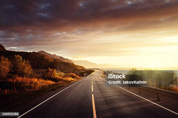 Road By The Sea In Sunrise Time Lofoten Island Norway Stock Photo - Download Image Now