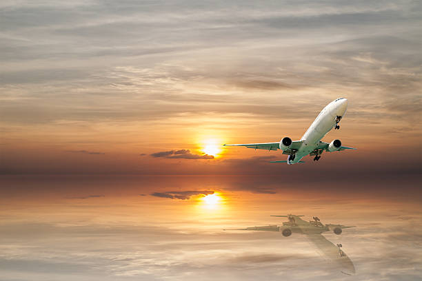 istock Airplane flying tropical sea at sunset time with reflection 516920584