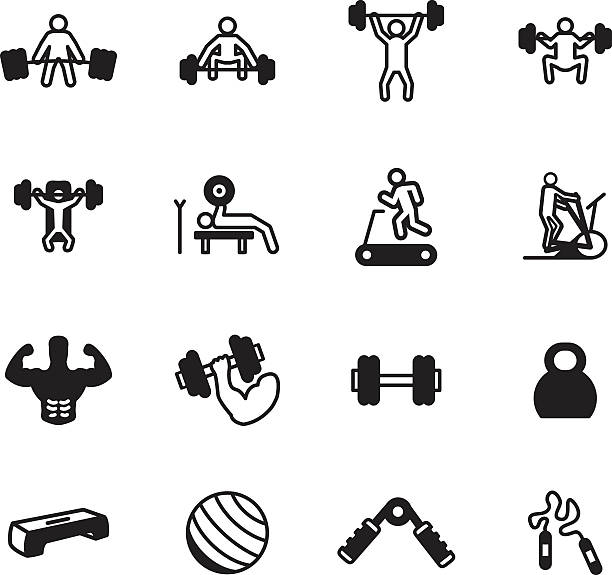 ilustrações de stock, clip art, desenhos animados e ícones de conjunto de ícones de aptidão e exercício. ilustração vetorial. - human muscle human arm muscular build body building
