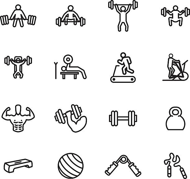 illustrations, cliparts, dessins anim�és et icônes de ensemble de icône de remise en forme et d'exercice. illustration de vecteur. - muscular build wellbeing exercise equipment instructor