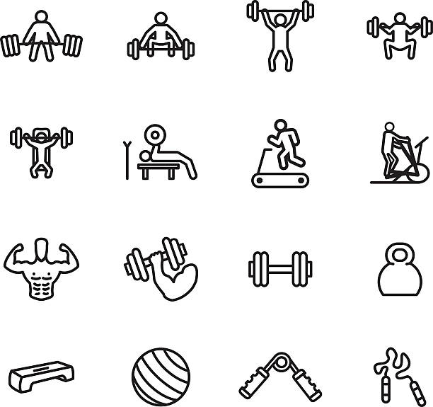 fitness i ćwiczeń zestaw ikon. ilustracja wektorowa. - gym weight bench exercising weights stock illustrations