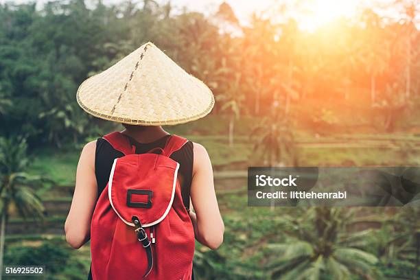 Young Lady With Traditional Asian Hat And Backpack Stock Photo - Download Image Now - Vietnam, Tourist, Explorer