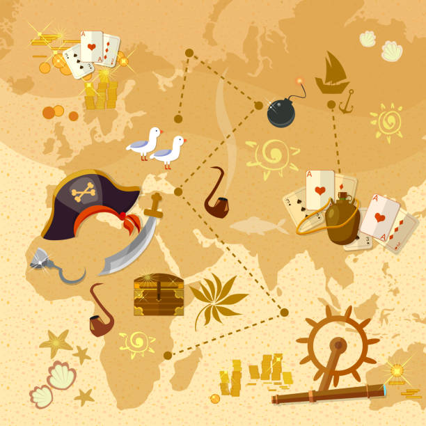 пиратские сокровища карте море приключения - treasure island california stock illustrations