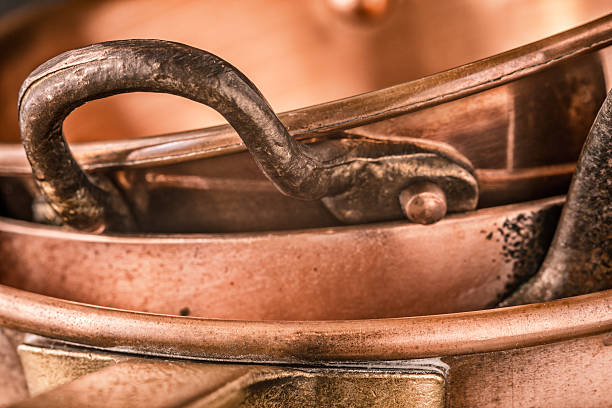 istock Copper pots and pans background close-up 516927568
