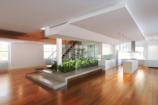Empty room of residence with an atrium center and hardwood floors. Photo realistic 3d model scene.