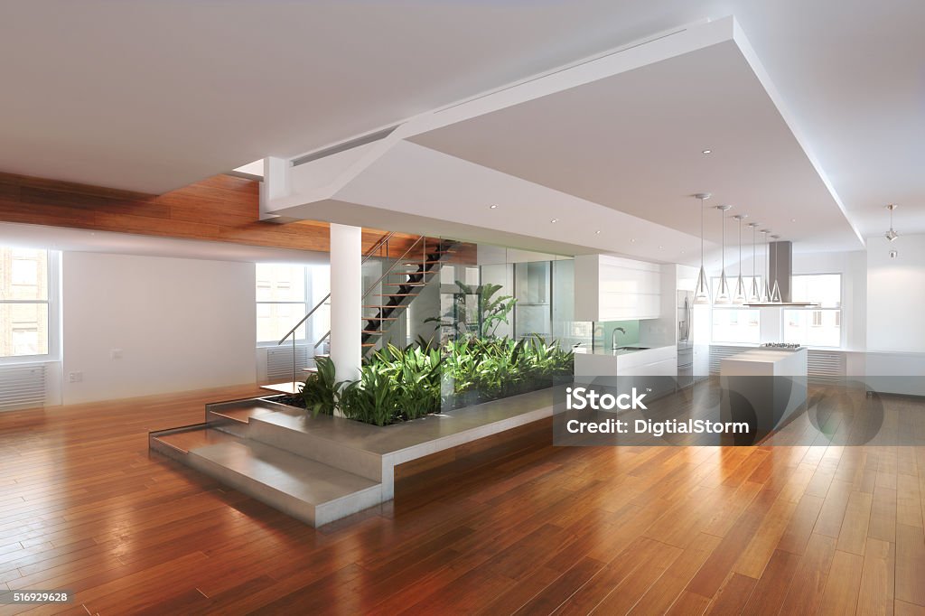 Empty room of residence with an atrium center Empty room of residence with an atrium center and hardwood floors. Photo realistic 3d model scene. Flooring Stock Photo