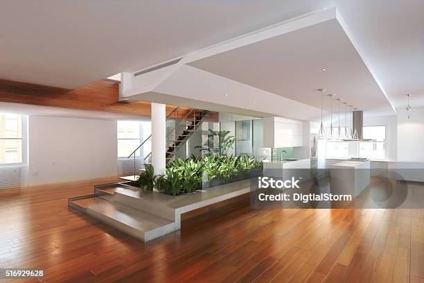 Empty Room Of Residence With An Atrium Center Stock Photo - Download Image Now - Flooring, Ceiling, Hardwood