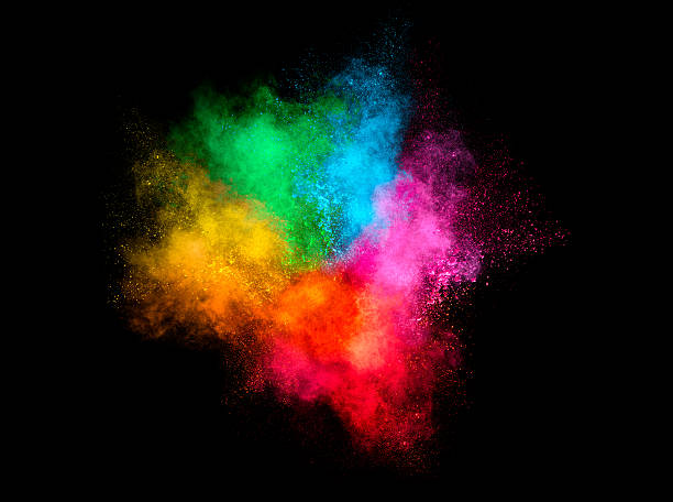 kolorowe cząstek wybuch pyłu odizolowane na czarne tło - multiple exposure exploding colors color image zdjęcia i obrazy z banku zdjęć