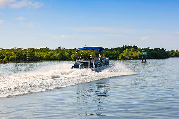 Pontoon boat in Haldeman Creek in Naples, Florida stock photo