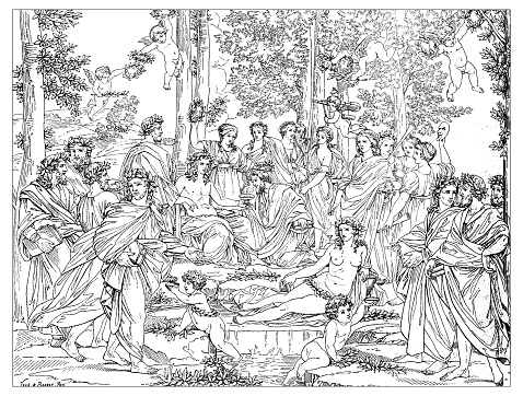 Antique illustration of Apollo and Muses on Mount Parnassus (from a painting by Nicolas Poussin,  (17th century French painter). According to Greek mythology Mount Parnassus is a mountain in Greece , that was sacred to to Apollo and the Corycian nymphs, and it was the home of the Muses and the place were the fountain Castalia was located, it was a place of poetry, music, and learning. In fact in the picture there is the God Apollo surrounded by nymphs and poets with their books (one of them is drinking from a cup held by the God). There are also nymphs with musical instruments (trumpet) and with mask (referring to theatre). Little kids and angels crown men and women with laurels. The scene is set in a forest with a spring from where bowl of water are offered to the people. 