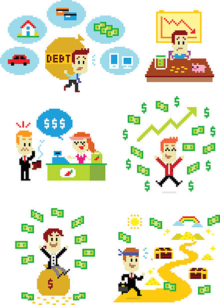 ilustrações de stock, clip art, desenhos animados e ícones de arte pixel homem e dinheiro - credit crunch wallet home finances credit card