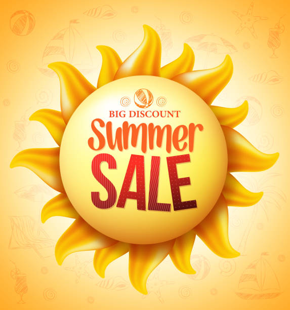 ilustraciones, imágenes clip art, dibujos animados e iconos de stock de 3 d realista sol amarillo con oferta de verano de descuento - sunny day