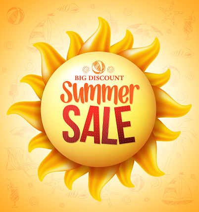 3D Realistic Yellow Sun with Summer Sale Discount Text with Yellow Pattern in Background for Summer Seasonal Promotion