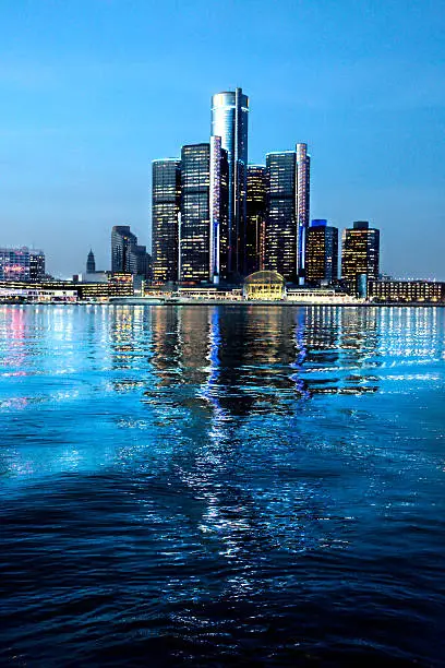 A view of the Detroit skyscrapers at night as seen from across the Detroit River in Windsor, Ontario, Canada.