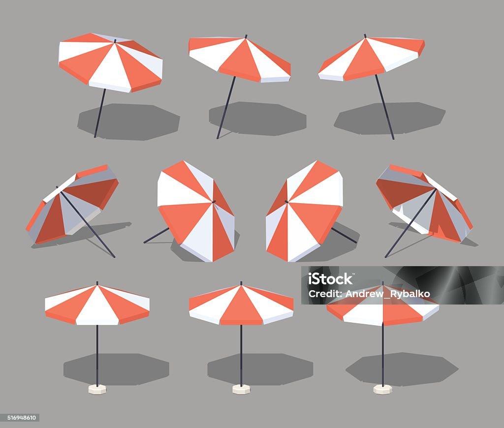 Low poly sun umbrella Sun umbrella. 3D lowpoly isometric vector illustration. The set of objects isolated against the grey background and shown from different sides Parasol stock vector