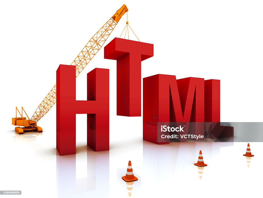 HTML Coding Construction site crane building a blue "HTML" 3D text. Part of a series. Building - Activity Stock Photo