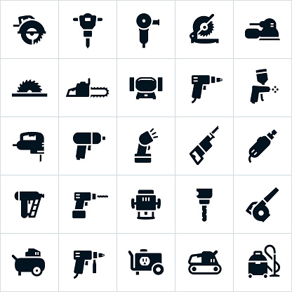A set of icons with various common power tools and equipment. The icons include saws, grinders, sanders, chainsaw, drills, paint gun, impact wrench, rotary tool, nail gun, router, leaf blower, air compressor, generator, shop vacuum and others.