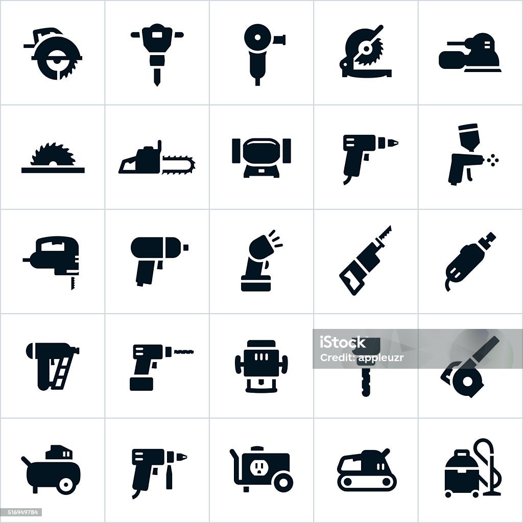 Power Tools and Equipment Icons A set of icons with various common power tools and equipment. The icons include saws, grinders, sanders, chainsaw, drills, paint gun, impact wrench, rotary tool, nail gun, router, leaf blower, air compressor, generator, shop vacuum and others. Icon Symbol stock vector