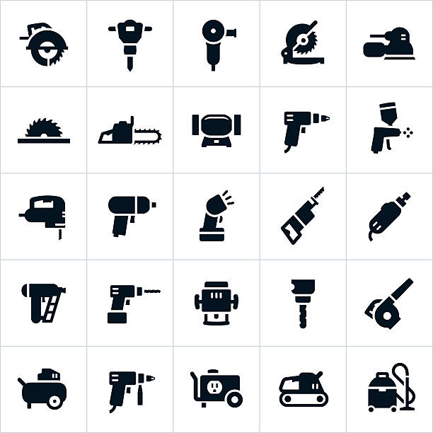 Power Tools and Equipment Icons A set of icons with various common power tools and equipment. The icons include saws, grinders, sanders, chainsaw, drills, paint gun, impact wrench, rotary tool, nail gun, router, leaf blower, air compressor, generator, shop vacuum and others. drill stock illustrations