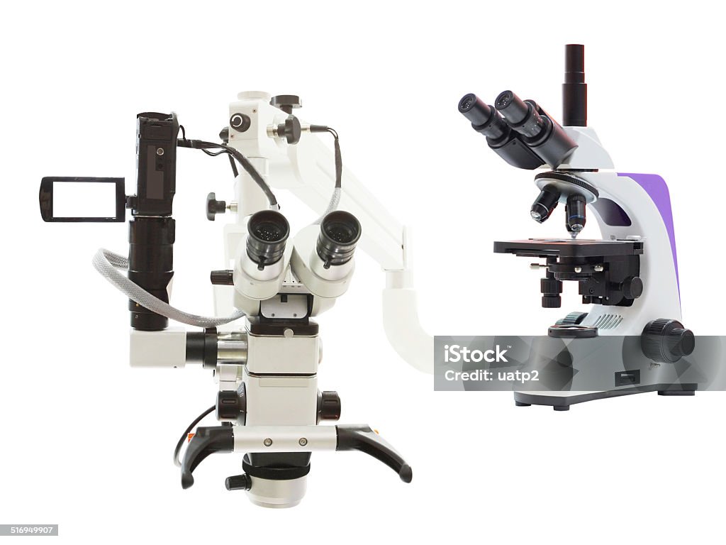 laboratory microscope The image of the professional medical laboratory microscope isolated under the white background Biochemistry Stock Photo