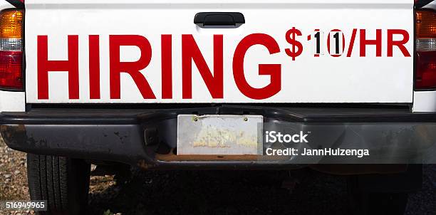 Hiring Sign On Back Of Pickup Truck Stock Photo - Download Image Now - Advertisement, Assistance, Black Color