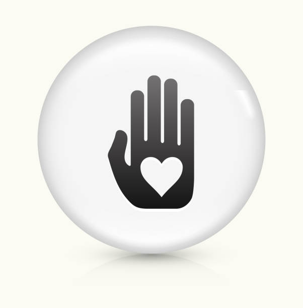 ilustraciones, imágenes clip art, dibujos animados e iconos de stock de mano y corazón icono sobre blanco, vector de redondo botón - consoling human hand human heart care