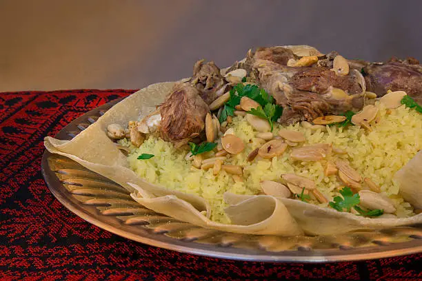 traditional Jordanian and Palestinian dish.made of lamb cooked in a sauce of fermented dried yogurt and served with rice