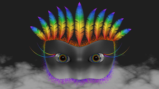 The gray Venetian mask with multi-colored feathers 