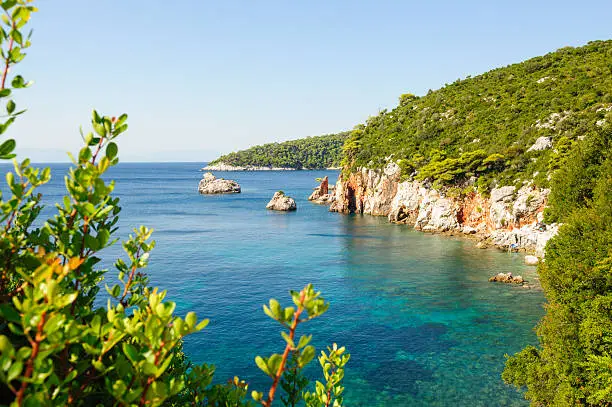 Northern part of Stafylos beach on Greek island Skopelos in Aegean Sea, located on south side of island 