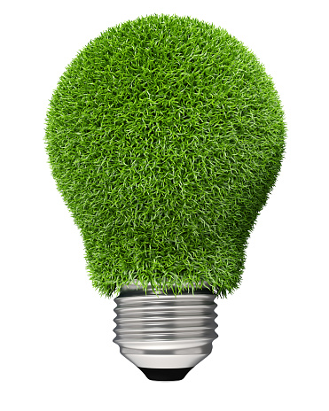 Light bulb covered with green grass isolated on white background. Green energy concept image.