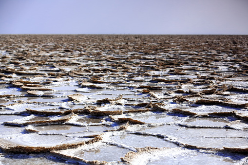 Salt plates of Lake Karum or Assale in the dry season-shallowly flooded by a storm fallen on the surrounding highlands to the West three days before. Danakil desert-Afar region-Ethiopia.