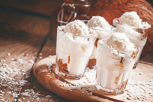 istock Coconut dessert with vanilla ice cream and caramel 516959774