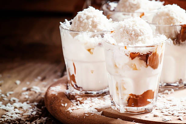 istock Coconut dessert with vanilla ice cream and caramel 516959868