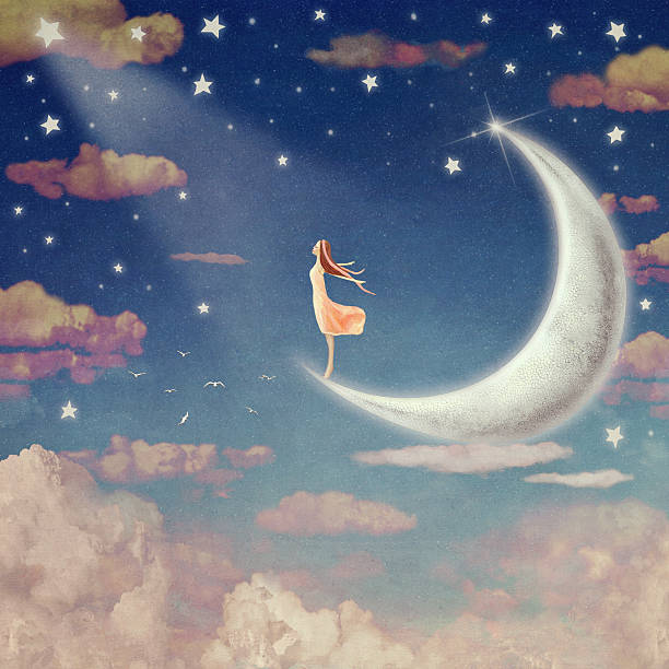 istock Illustration of night sky with clouds, moon and stars 516975774