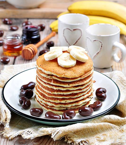 Vegetarian Pancake without eggs with organic agave syrup, bananas
