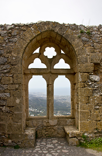 Kyrenia, Cyprus - March 12, 2016: Saint Hilarion castle view in Northern Cyprus. The Saint Hilarion Castle lies on the Kyrenia mountain range, in Cyprus near Kyrenia. Saint Hilarion was built there in the 10th century. 