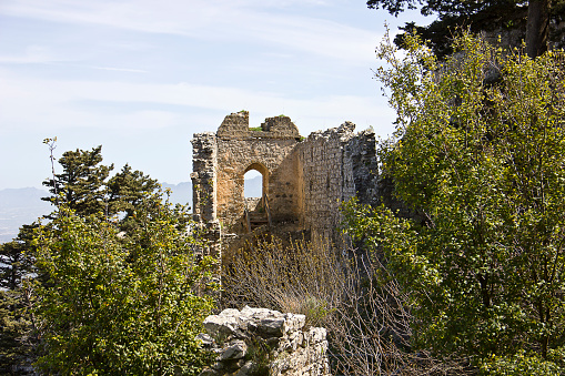 View of adjacent passage between hills from fortress wall of ruins of residence of Grand Masters of Teutonic Order in ruins of castle of Crusader fortress located in Upper Galilee in northern Israel