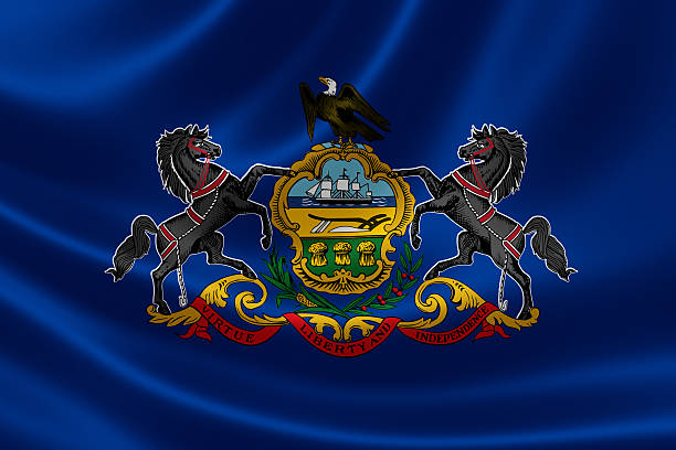 Pennsylvania State Flag 3D rendering of the flag of Pennsylvania on satin texture. us state flag stock pictures, royalty-free photos & images