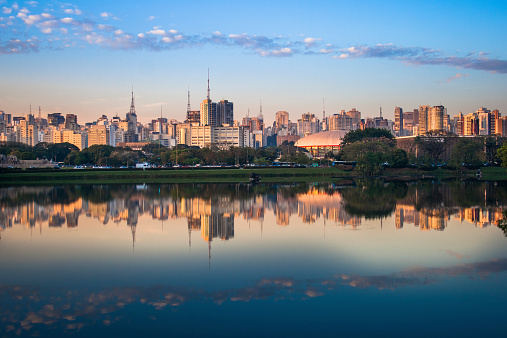 View of Sao Paulo city from Ibirapuera Park. The Ibirapuera is one of Latin America largest city parks. Brazil