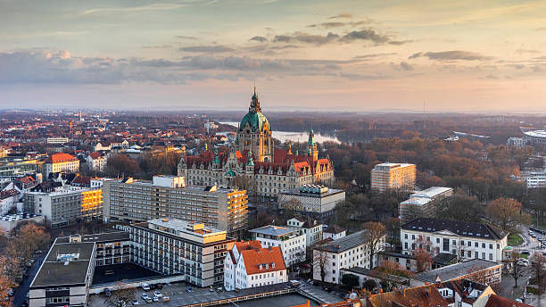 Aerial view of Hannover at evening. Aerial view of the City Hall of Hannover at evening, Germany lower saxony stock pictures, royalty-free photos & images