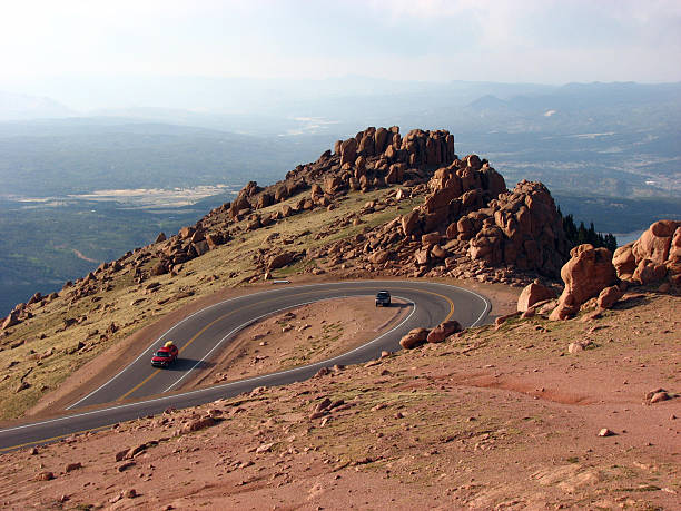 WInding road with switchbacks up Pike's Peak Highway in Colorado