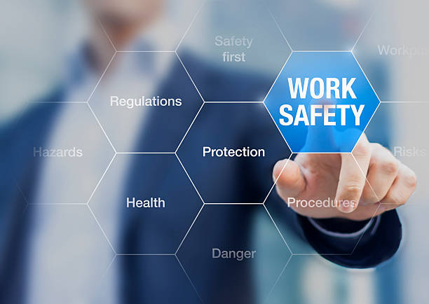 Businessman presenting work safety concept, hazards, protections, health and regulations Businessman presenting work safety concept, hazards, protections, health and regulations occupational safety and health stock pictures, royalty-free photos & images